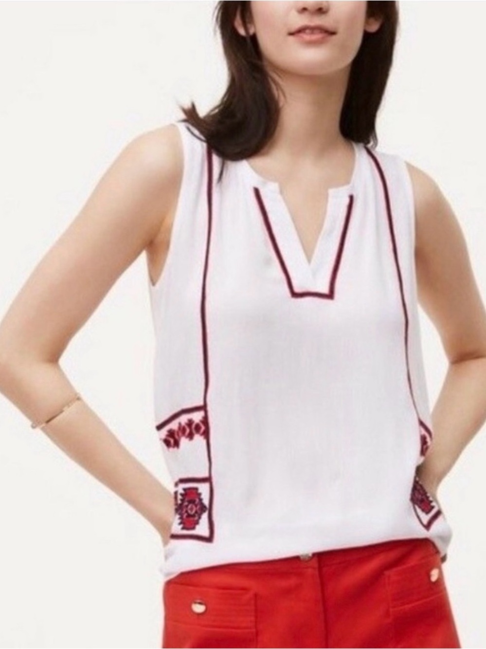 LOFT White Sleeveless V-Neck Top with Red Embroidered Trim